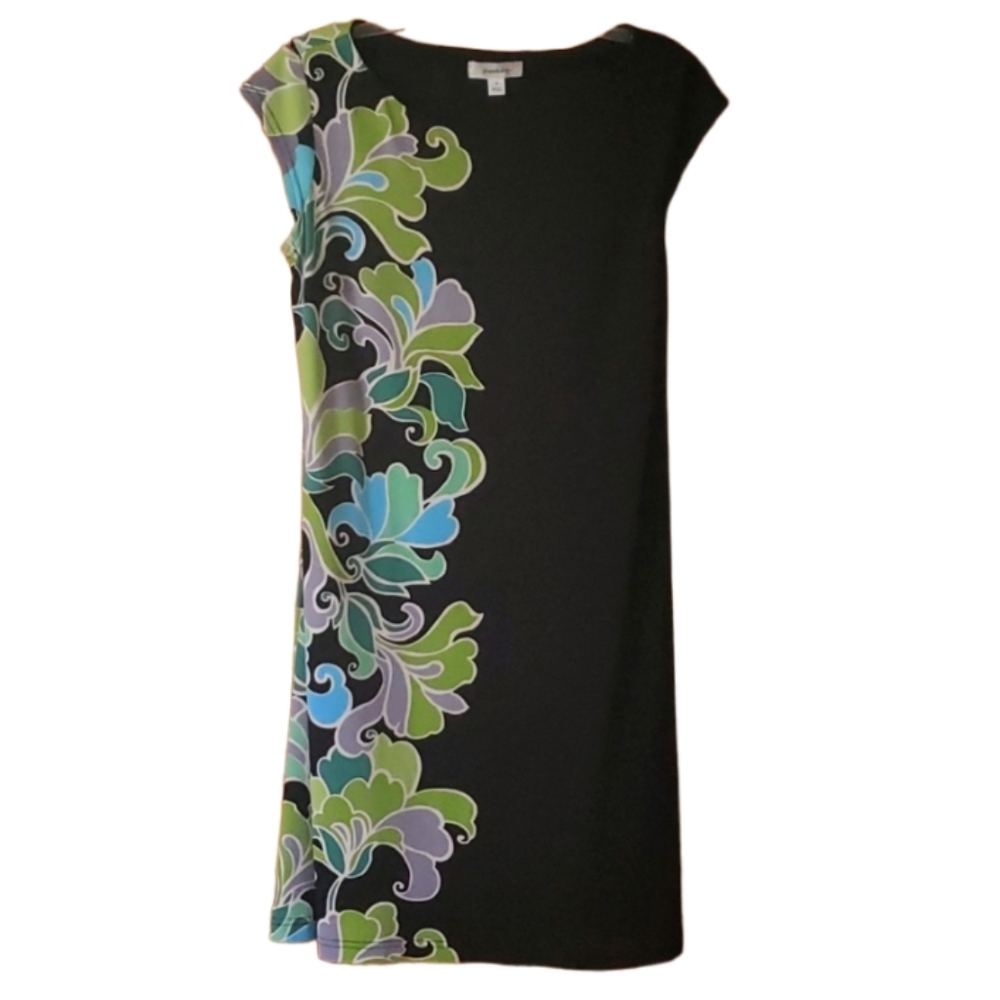 Dressbarn Womans Black Shift Dress with Bright Floral Pattern Size 10